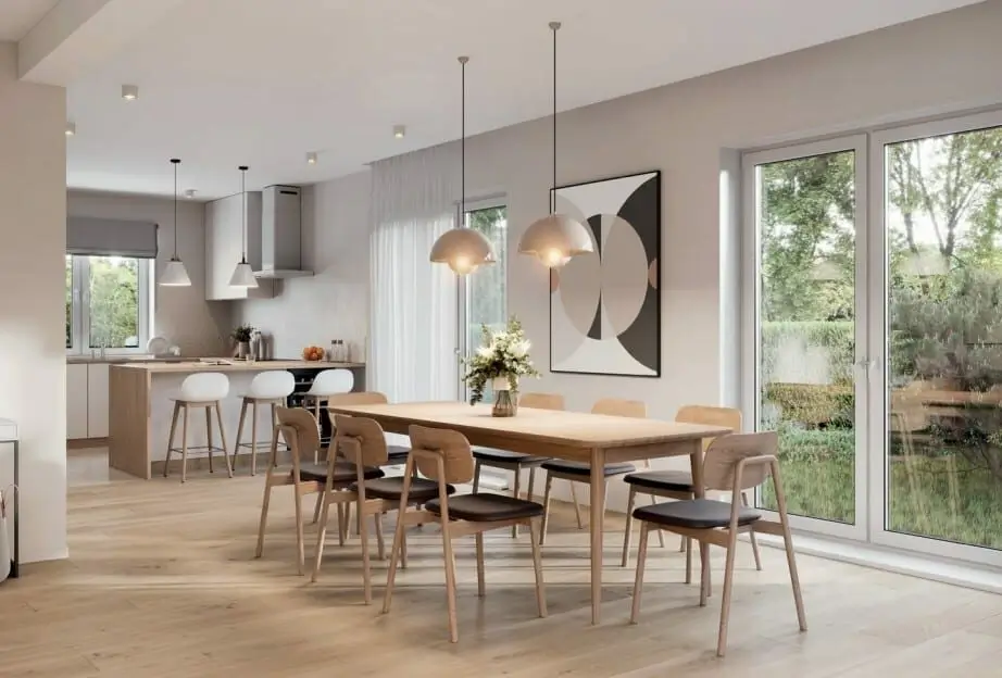 Installation électrique moderne avec éclairage LED intégré et suspensions design dans une rénovation haut de gamme à La Chapelle d'Armentières.